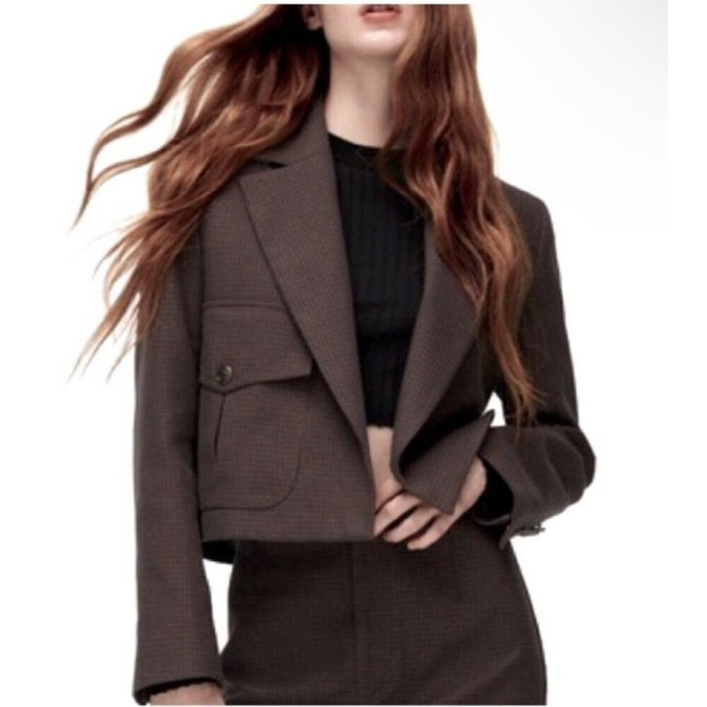 NWOT — Zara Blazer Dark Academia Size L Cropped Oversized Brown Dress Textured